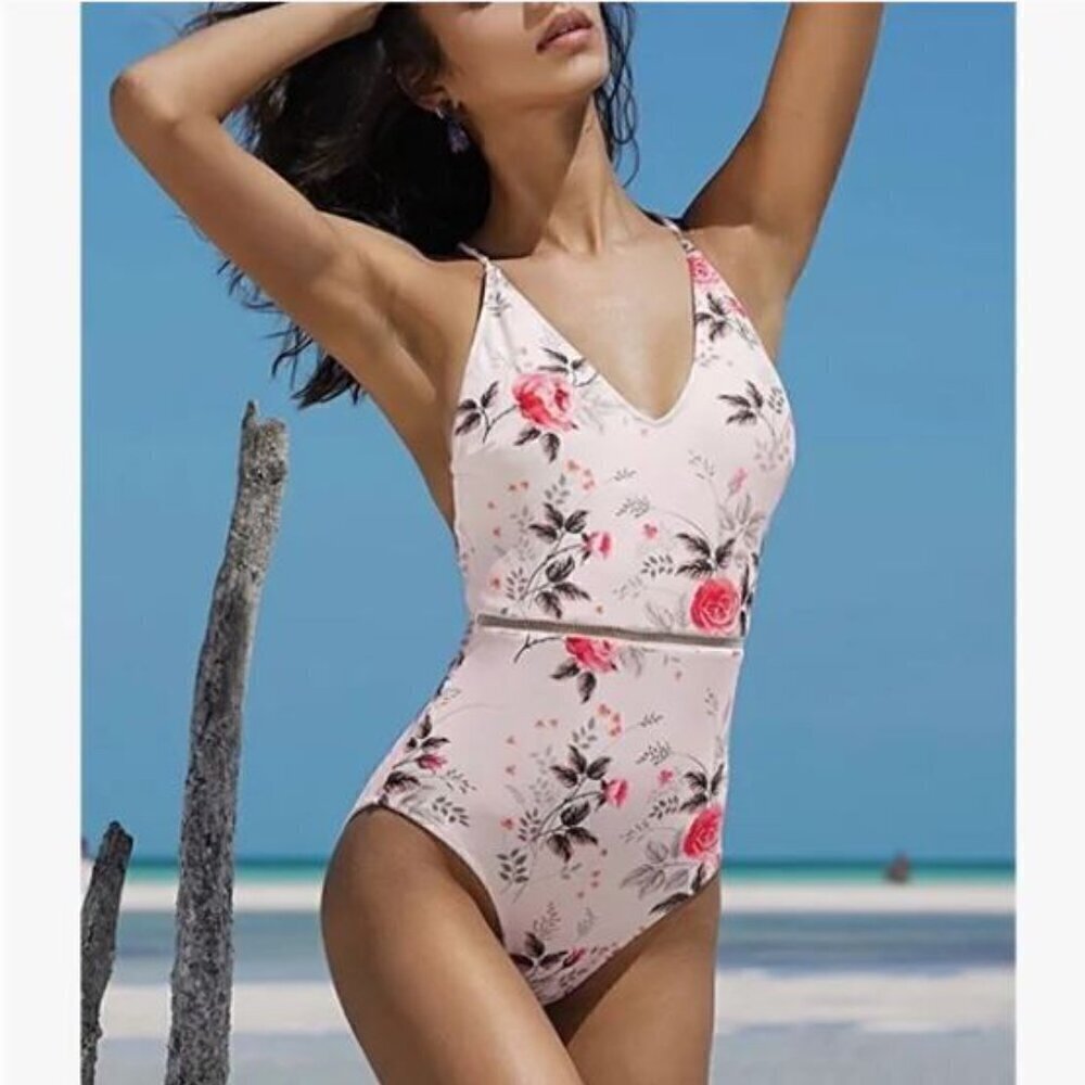 NWT Cupshe Cross Tie Back Shallow Waters Floral One Piece Swimsuit Medium